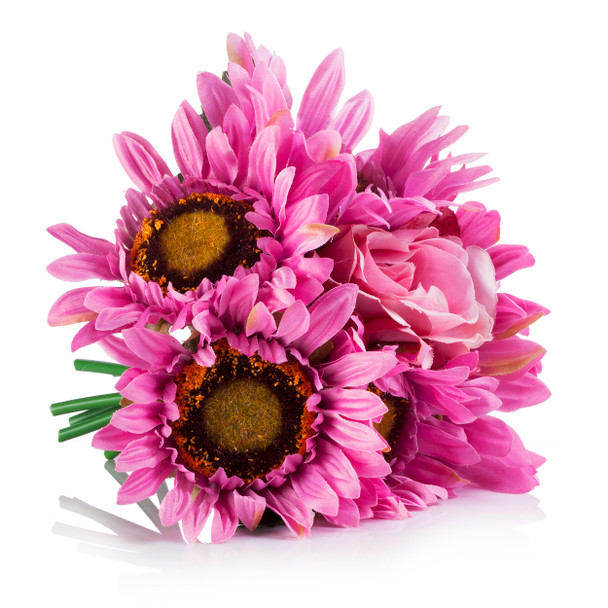 Pink Mixed Sunflower and Rose Silk Flower Arrangement in Clear Glass Vase With Faux Water Pink Mixed Sunflower and Rose Silk Flower Arrangement in Clear Glass Vase With Faux Water
