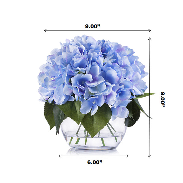 Blue Silk Hydrangea Flower Arrangement in Clear White Vase with Faux Water
