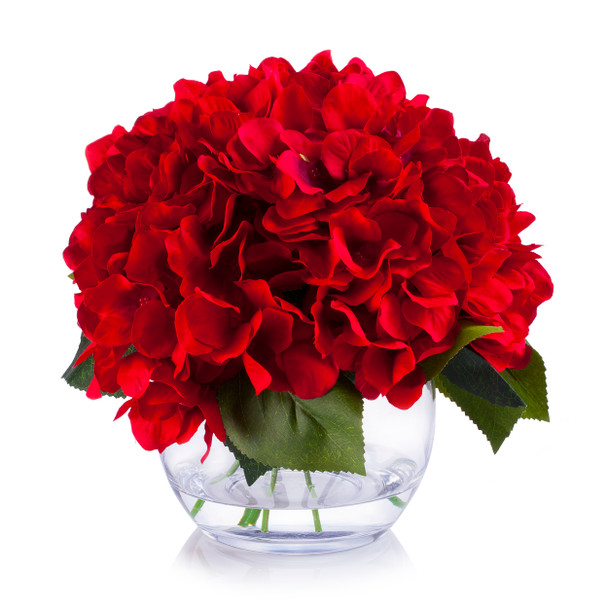 Red Silk Hydrangea Flower Arrangement in Clear White Vase with Faux Water