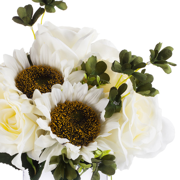 Cream Silk Rose and Sunflower Mixed Arrangement in Clear White Vase with Faux Water