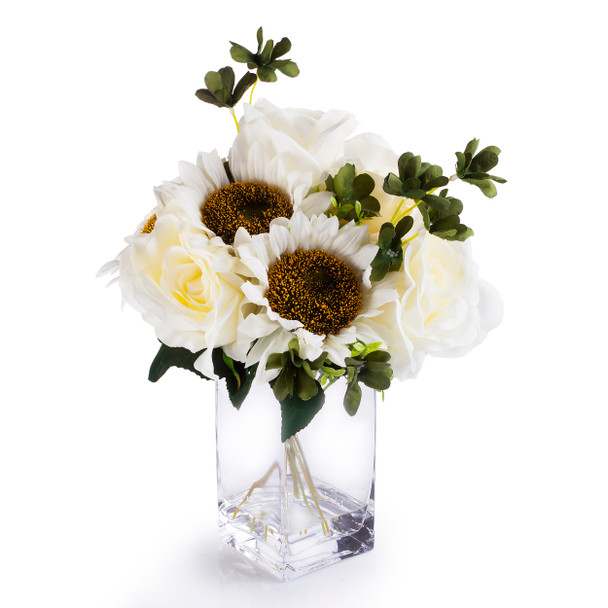 Cream Silk Rose and Sunflower Mixed Arrangement in Clear White Vase with Faux Water