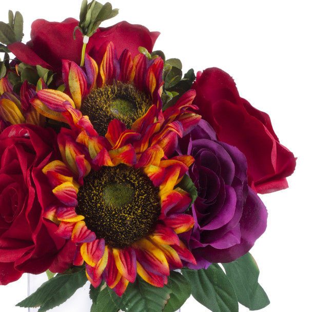 Red and Purple Silk Rose and Sunflower Mixed Arrangement in Clear White Vase with Faux Water