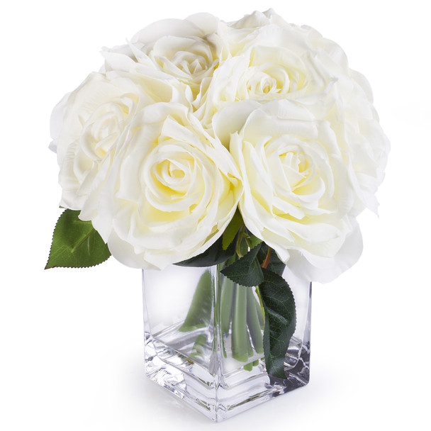 Cream Open Roses Silk Flower  Arrangement in Clear White Vase with Faux Water