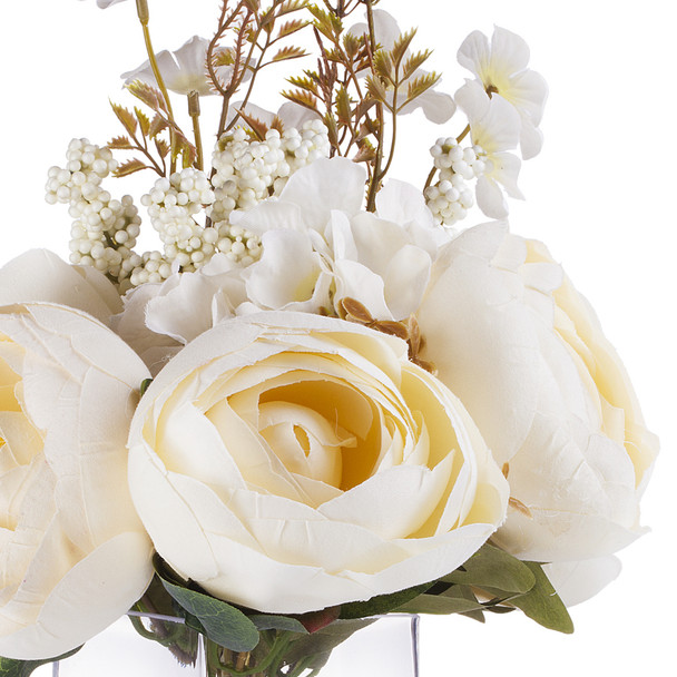 Beige Peony and Hydrangea Mixed Silk Flower  Arrangement in Clear White Vase with Faux Water