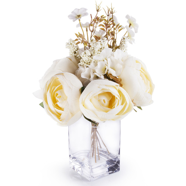 Beige Peony and Hydrangea Mixed Silk Flower  Arrangement in Clear White Vase with Faux Water