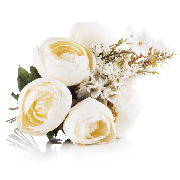 Beige Peony and Hydrangea Mixed Silk Flower  Arrangement in Clear White Vase with Faux Water