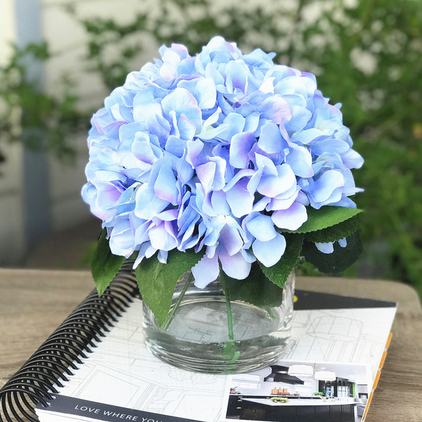Blue Silk Hydrangea Flower Arrangement in Clear Vase with Faux Water