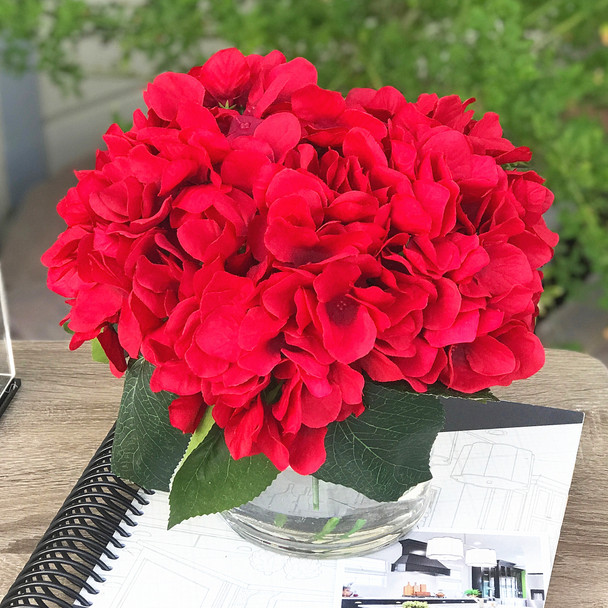 Red Silk Hydrangea Flower Arrangement in Clear Vase with Faux Water Red Silk Hydrangea Flower Arrangement in Clear Vase with Faux Water