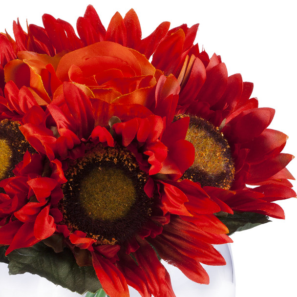 6 Heads Orange Red Mixed Sunflower and Rose Silk Flower Arrangement in Clear Glass Vase With Faux Water 6 Heads Orange Red Mixed Sunflower and Rose Silk Flower Arrangement in Clear Glass Vase With Faux Water