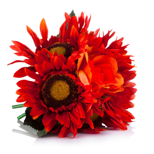 6 Heads Orange Red Mixed Sunflower and Rose Silk Flower Arrangement in Clear Glass Vase With Faux Water 6 Heads Orange Red Mixed Sunflower and Rose Silk Flower Arrangement in Clear Glass Vase With Faux Water
