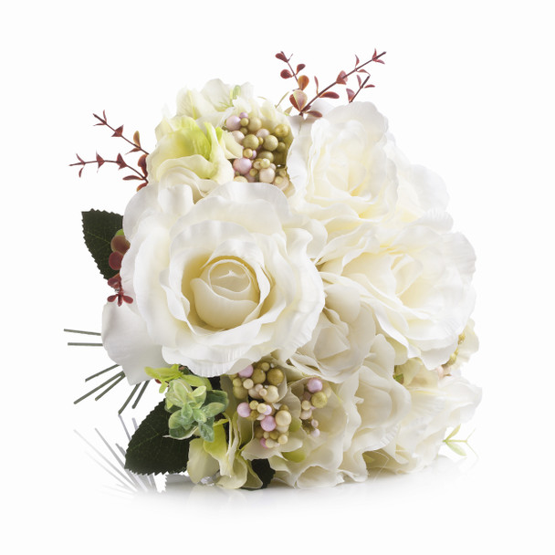 Cream White Mixed Rose and Hydrangea Silk Flower Arrangement  in  Glass Vase with Faux Water 