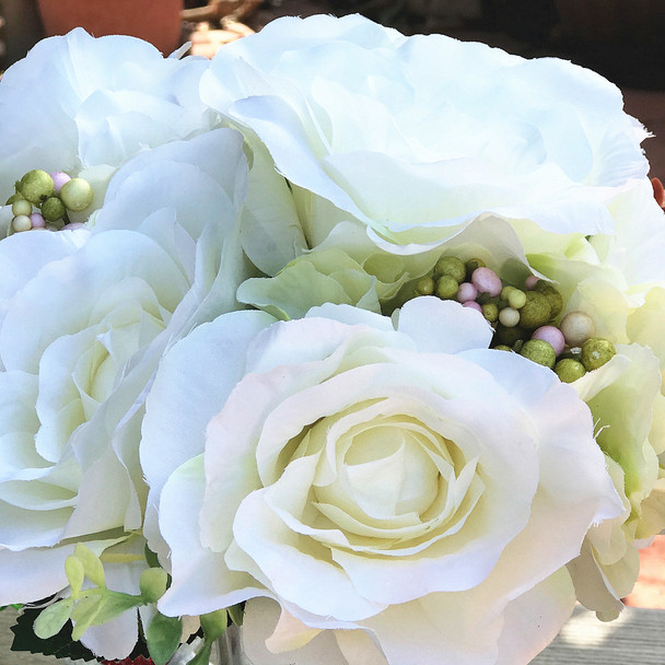 Cream White Mixed Rose and Hydrangea Silk Flower Arrangement  in  Glass Vase with Faux Water 