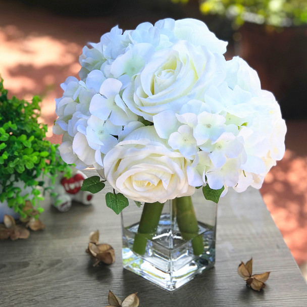 Cream Rose and Hydrangea Mixed Faux Flower Arrangement With Clear Glass Vase Cream Rose and Hydrangea Mixed Faux Flower Arrangement With Clear Glass Vase