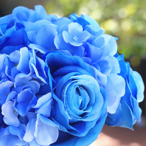 Blue Rose and Hydrangea Mixed Faux Flower Arrangement With Clear Glass Vase Blue Rose and Hydrangea Mixed Faux Flower Arrangement With Clear Glass Vase