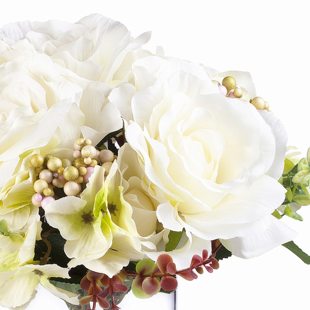 Cream Rose and Hydrangea Silk Flower Arrangement in Round Glass Vase with Faux Water Cream Rose and Hydrangea Silk Flower Arrangement in Round Glass Vase with Faux Water