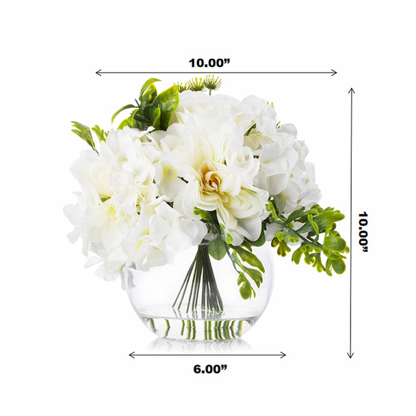 Cream Hydrangea  Rose and Peony Mixed Silk Flower in Round Clear Glass Vase