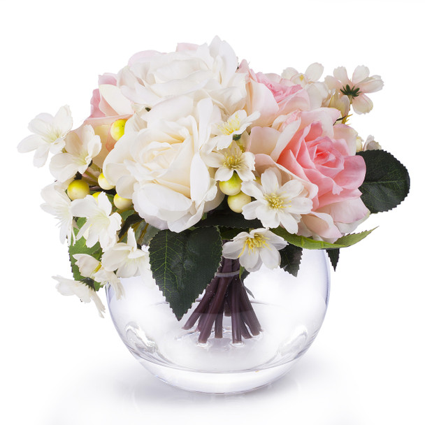 Cream Pink Mixed Rose Silk Flower Arrangement in Round Clear Glass Vase With Faux Water