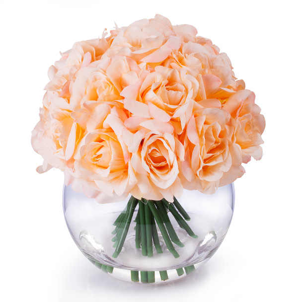 21 Heads Peach Rose Silk Flower Arrangement in Round Clear Glass Vase With Faux Water 21 Heads Peach Rose Silk Flower Arrangement in Round Clear Glass Vase With Faux Water