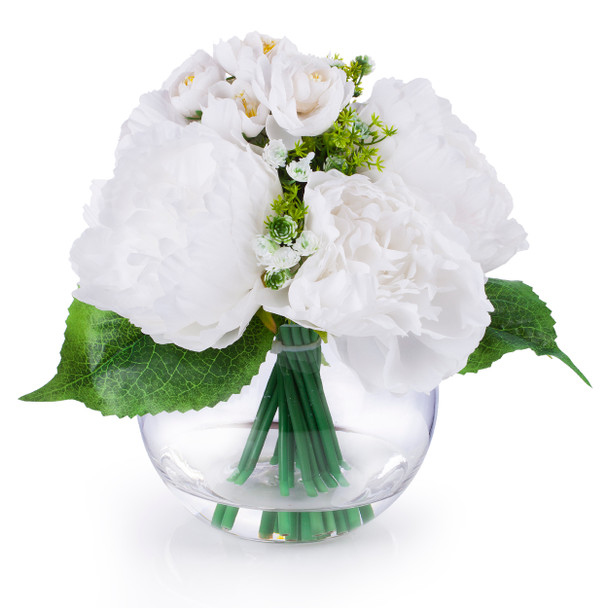 White Artificial Mixed Peony Flower Arrangement in Clear Glass Vase With Faux Water
