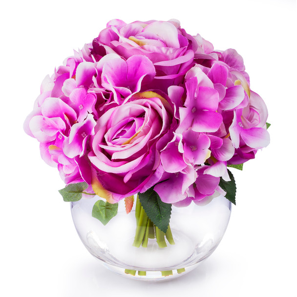 Purple Mixed Rose and Hydrangea Flower Arrangement in Clear Glass Vase With Faux Water Purple Mixed Rose and Hydrangea Flower Arrangement in Clear Glass Vase With Faux Water