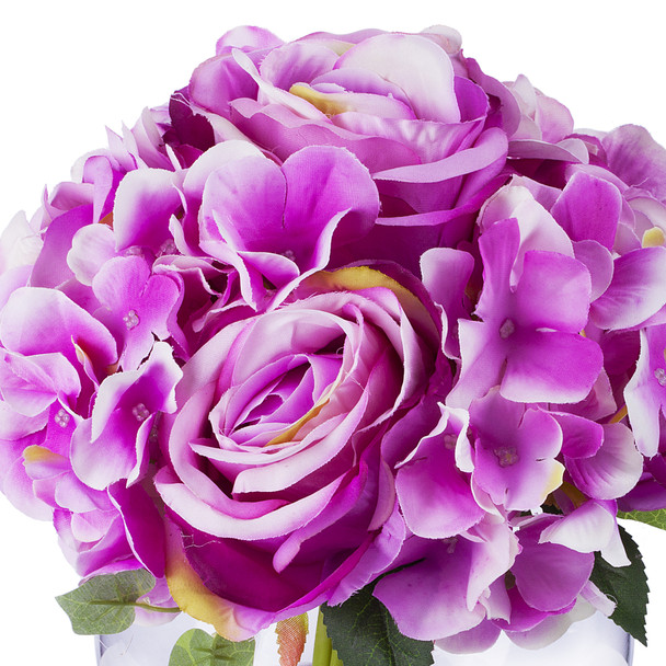 Purple Mixed Rose and Hydrangea Flower Arrangement in Clear Glass Vase With Faux Water Purple Mixed Rose and Hydrangea Flower Arrangement in Clear Glass Vase With Faux Water