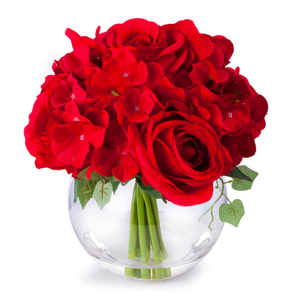 Red Mixed Rose and Hydrangea Flower Arrangement in Clear Glass Vase With Faux Water