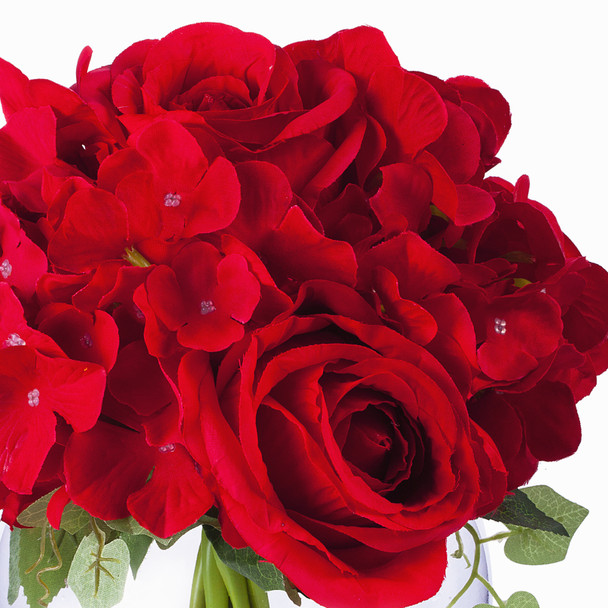 Red Mixed Rose and Hydrangea Flower Arrangement in Clear Glass Vase With Faux Water