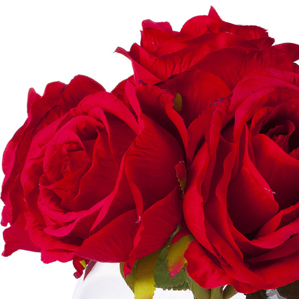 7 Heads Red Large Rose Flower Arrangement in Clear Glass Vase With Faux Water