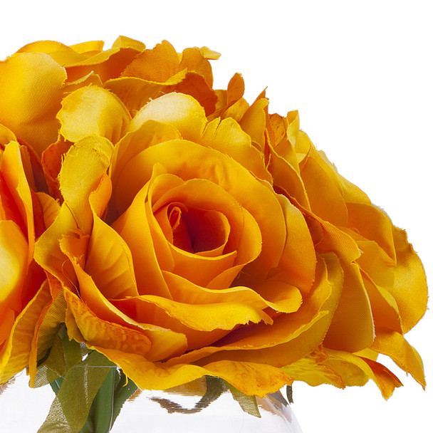 7 Heads Yellow Large Rose Flower Arrangement in Clear Glass Vase With Faux Water