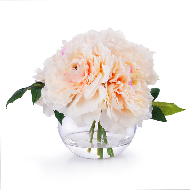 5 Heads Blush Large Peony Flower Arrangement in Clear Glass Vase With Faux Water