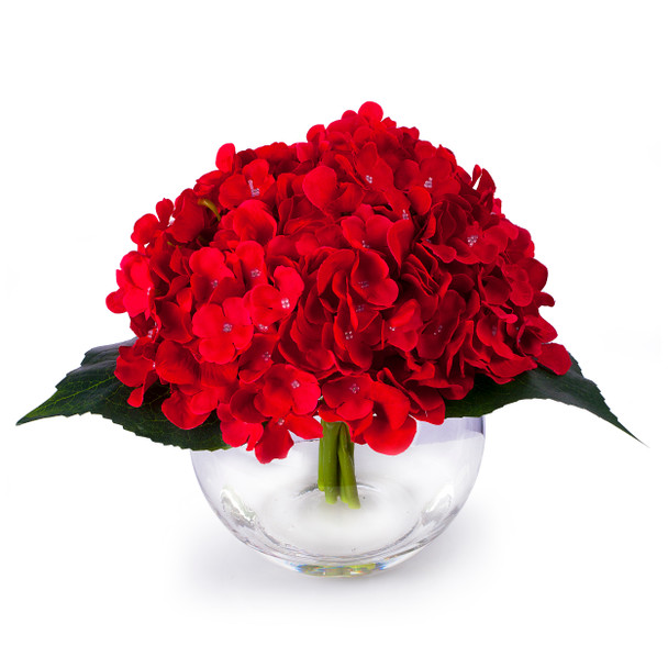 Red Silk Hydrangea Flower Arrangement in Clear Glass Vase With Faux Water