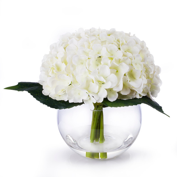 Cream Silk Hydrangea Flower Arrangement in Clear Glass Vase With Faux Water Cream Silk Hydrangea Flower Arrangement in Clear Glass Vase With Faux Water