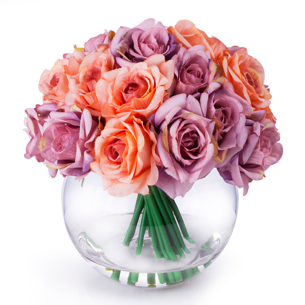 Purple Peach Silk Rose Flower Arrangement in Clear Glass Vase With Faux Water Purple Peach Silk Rose Flower Arrangement in Clear Glass Vase With Faux Water