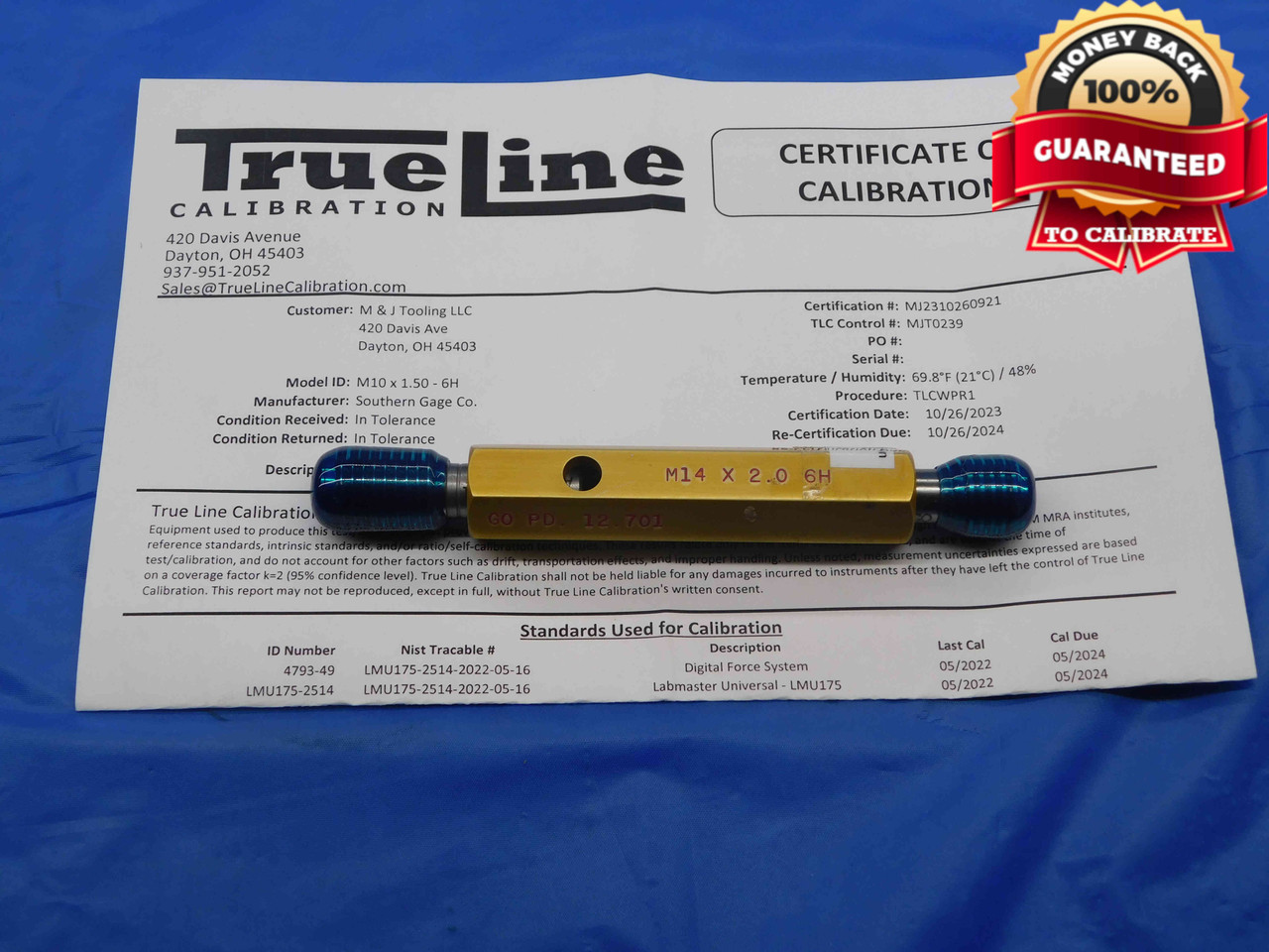 CERTIFIED M14 X 2 6H THREAD PLUG GAGE 14 2.0 GO NO GO P.D.'S = 12.701 &  12.913 - DW25962TLC