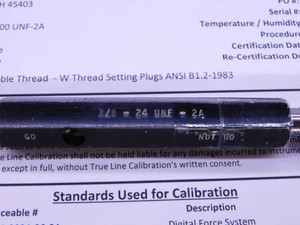 CERTIFIED 3/8 24 UNF 2A SET THREAD PLUG GAGE .375 GO NO GO PD'S = .3468 & .3430 - DW25192TLC