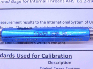 CERTIFIED 10 32 UNF 3B THREAD PLUG GAGE #10 .190 GO NO GO PD'S = .1697 & .1726 - DW26281TLC