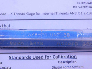 CERTIFIED 3/8 24 UNF 3B THREAD PLUG GAGE .375 GO NO GO P.D.'S = .3479 & .3516 - DW26291TLC