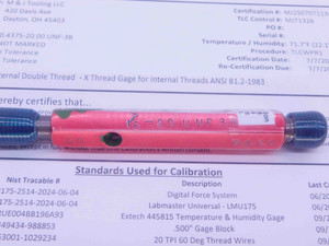 CERTIFIED 7/16 20 UNF 3B THREAD PLUG GAGE .4375 GO NO GO P.D.'S = .4050 & .4091 - DW26416TLC
