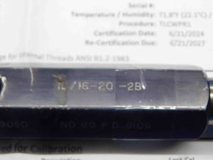 CERTIFIED 15/16 20 UNEF 2B THREAD PLUG GAGE .9375 GO NO GO PD'S = .9050 & .9109 - DW26513TLC