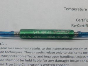 CERTIFIED 1 72 UNF 2B THREAD PLUG GAGE #1 .073 GO NO GO P.D.'S = .0640 & .0665 - DW28336TLC