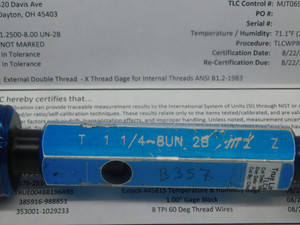 CERTIFIED 1 1/4 8 UN 2B THREAD PLUG GAGE 1.25 GO NO GO P.D.'S = 1.1688 & 1.1780 - DW28459TLC
