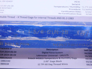 CERTIFIED 1 5/8 12 UN 2B THREAD PLUG GAGE 1.625 GO NO GO PD'S = 1.5709 & 1.5785 - DW28465TLC