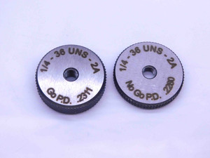 NEW 1/4 36 UNS 2A SOLID THREAD RING GAGES .25 GO NO GO P.D.'S = .2311 & .2280 - DW31502MSAF NEW 1/4 36 UNS 2A SOLID THREAD RING GAGES .25 GO NO GO P.D.'S = .2311 & .2280 - DW31502MSAF
