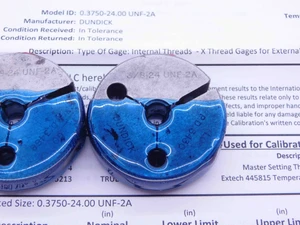 CERTIFIED 3/8 24 UNC 2A THREAD RING GAGES .375 GO NO GO P.D.'S = .3468 & .3430 - DW32232TLC