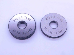 NEW M12 X .75 6g SOLID THREAD RING GAGES 12 0.75 GO NO GO PD'S = 11.491 & 11.388 - DW33402MJ NEW M12 X .75 6g SOLID THREAD RING GAGES 12 0.75 GO NO GO PD'S = 11.491 & 11.388 - DW33402MJ