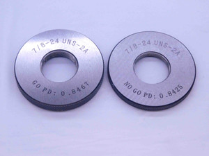 NEW 7/8 24 UNS 2A SOLID THREAD RING GAGES .875 GO NO GO P.D.'S = .8467 & .8425 - DW38419MJ NEW 7/8 24 UNS 2A SOLID THREAD RING GAGES .875 GO NO GO P.D.'S = .8467 & .8425 - DW38419MJ