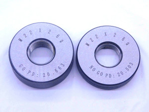NEW M22 X 2 6g SOLID THREAD RING GAGES 22 2.0 GO NO GO P.D.'S = 20.663 & 20.503 - DW33473MJ NEW M22 X 2 6g SOLID THREAD RING GAGES 22 2.0 GO NO GO P.D.'S = 20.663 & 20.503 - DW33473MJ
