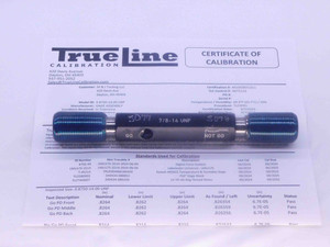 CERTIFIED 7/8 14 UNF SPECIAL SET THREAD PLUG GAGE .875 GO NO GO = .8264 & .8214 - DW33627TLC