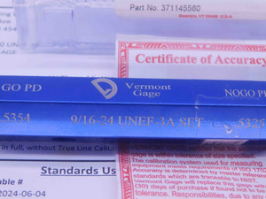 CERTIFIED 9/16 24 UNEF 3A VTG SET THREAD PLUG GAGE .5625 GO NO GO = .5354 .5325 - DW35942TLC