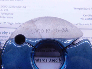CERTIFIED 1" 12 UNF 3A THREAD RING GAGES 1.0 GO NO GO P.D.'S = .9459 & .9415 - DW36616TLC